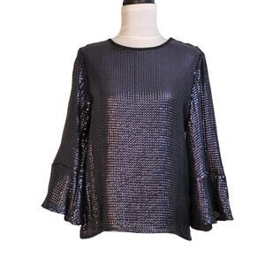 Trouve Navy Blue Sequin Bell Sleeve Top NWT Size Small Sparkly Blouse